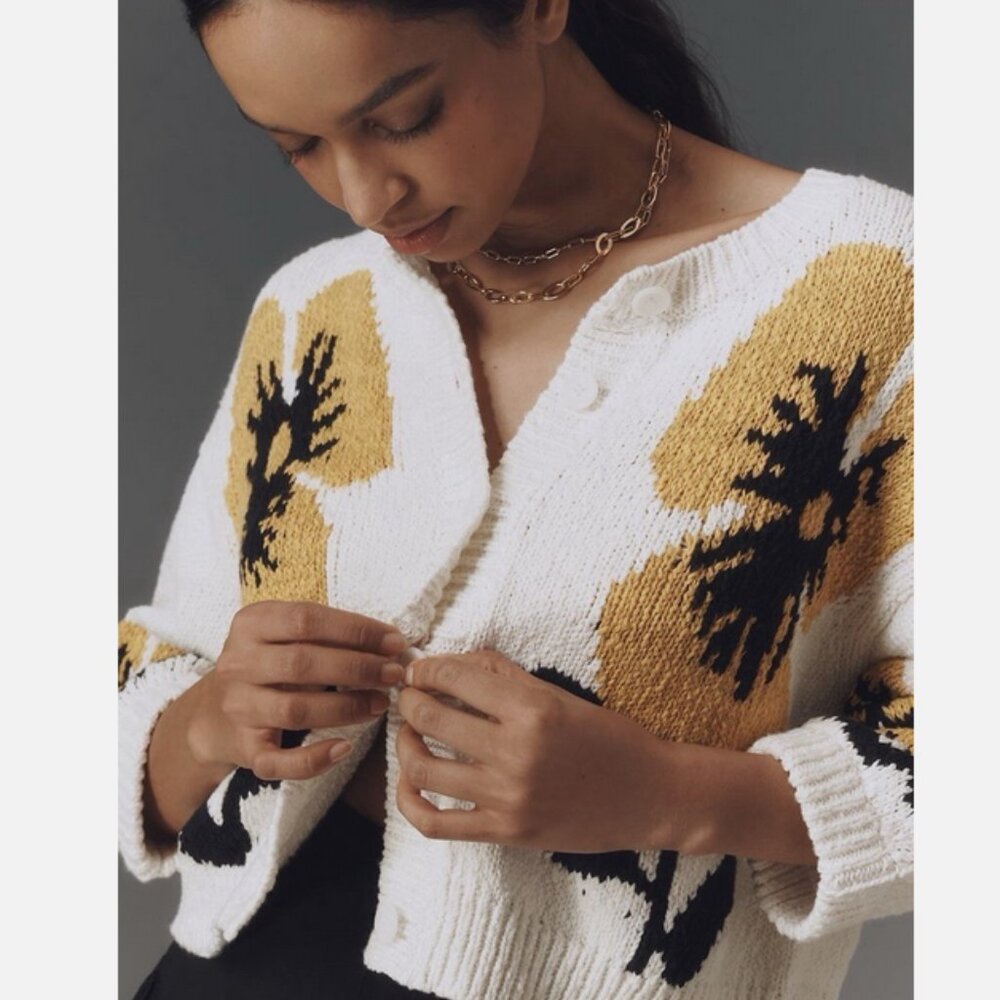 Anthropologie Maeve Elbow Sleeve Cardigan Sweater Floral Size L NWT Large - Picture 3 of 5